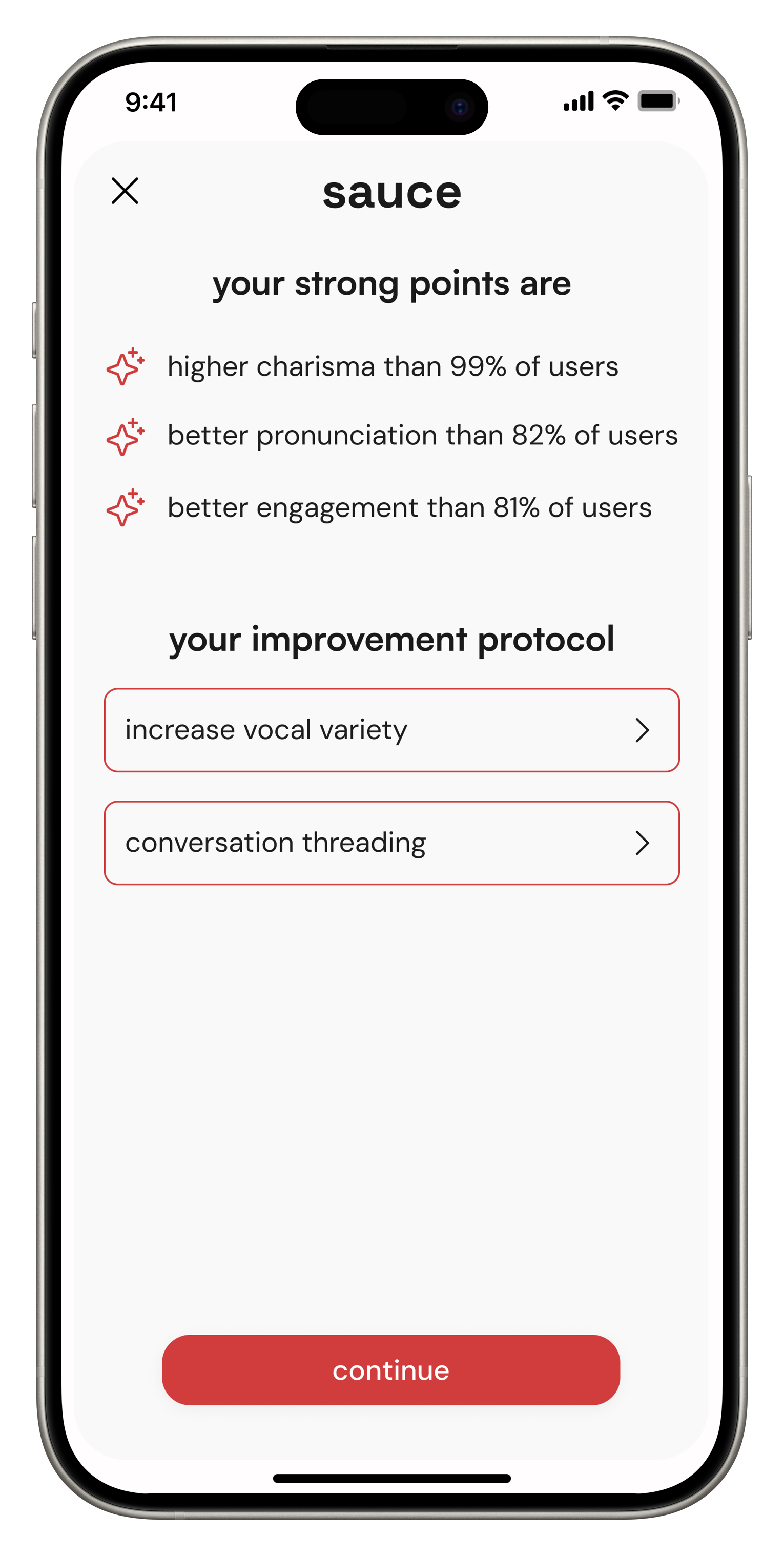 sauce app interface showing improvement protocol